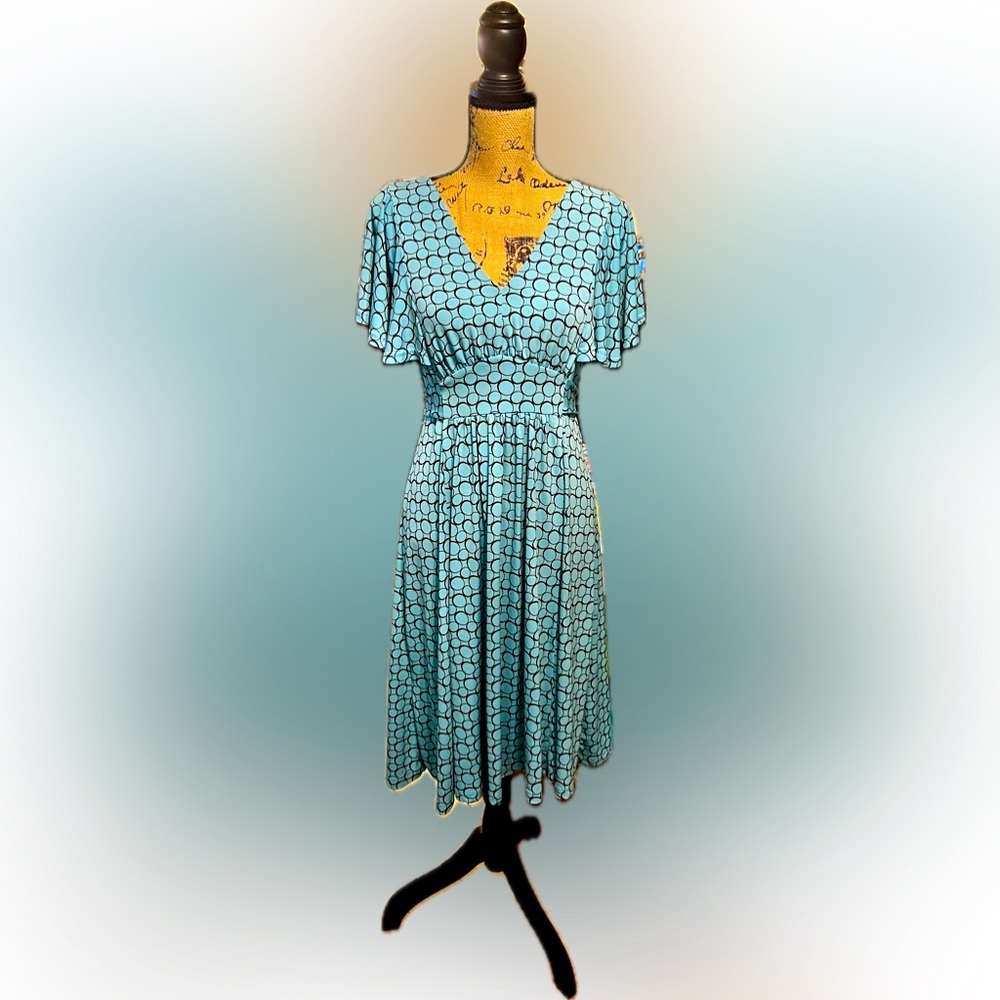 Apt. 9 Dress Stretch Size M Teal and Black Bat Sleeves Empire Waist Flowy Y2K